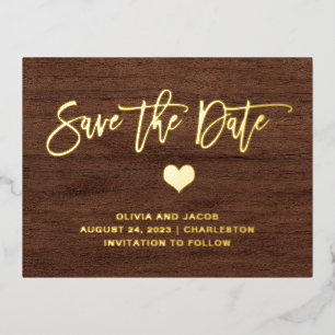 Gold on Rustic Wood Look and Heart   Save the Date Foil Invitation Postcard