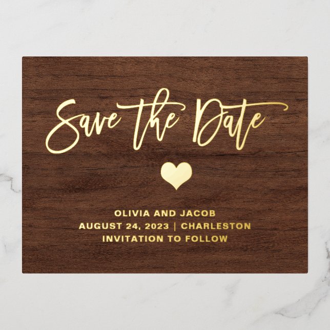 Gold on Rustic Wood Look and Heart | Save the Date Foil Invitation Postcard (Front)