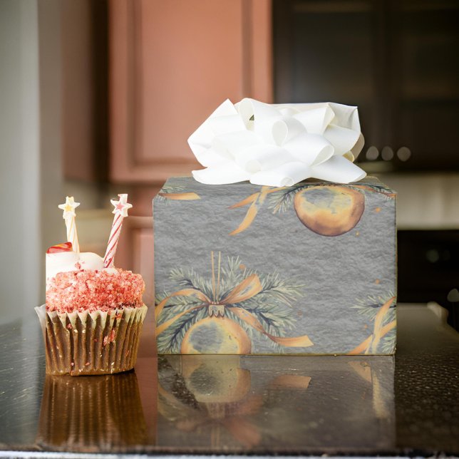 Gold on Steel Grey Christmas Tree Bulbs Ornaments Wrapping Paper (Creator Uploaded)