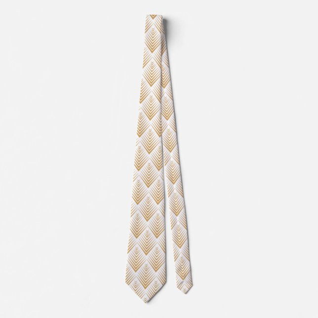 Gold on White Art Deco Fan Flowers Pattern  Tie (Front)