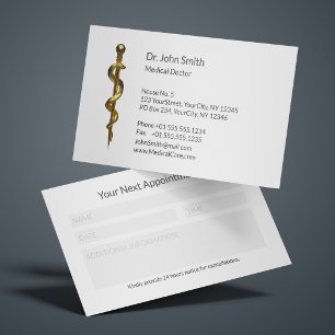 Gold on White Classy Rod of Asclepius Medical Appointment Card
