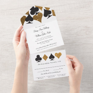 Gold on White Faux Glitter Las Vegas Wedding All In One Invitation
