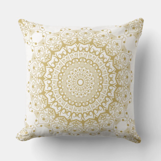 Gold on white ornate mandal pattern cushion (Front)