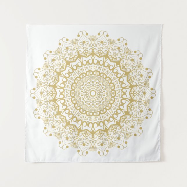 Gold on white ornate mandal pattern tapestry (Front)