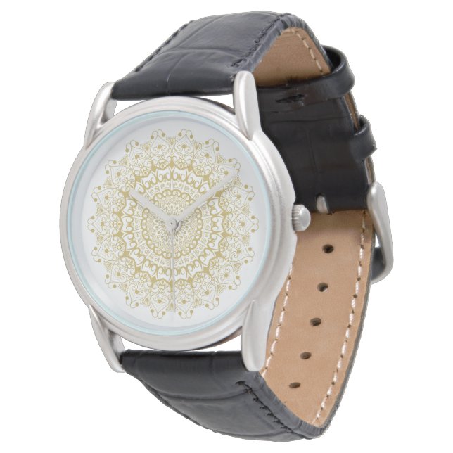 Gold on white ornate mandal pattern watch (Angled)
