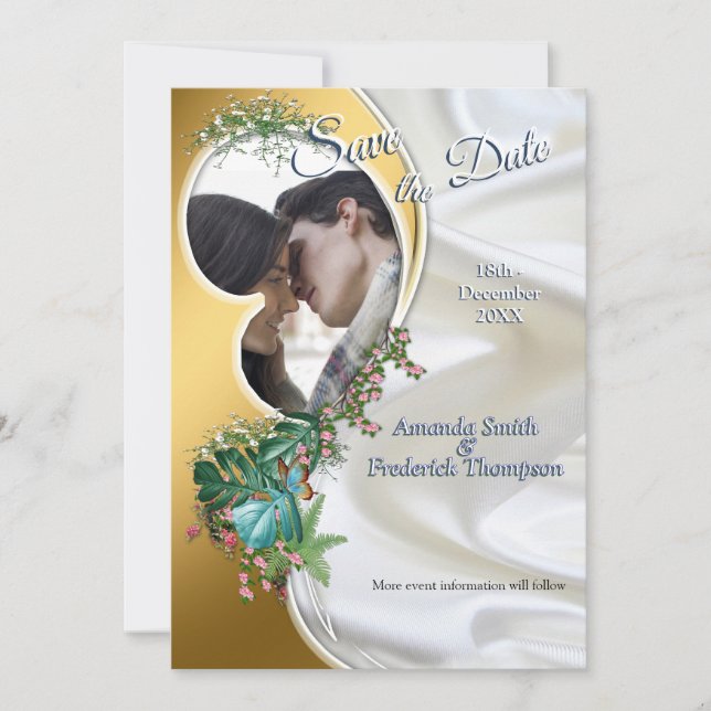 Gold on White Silk with Tropical Splendour Invitation (Front)