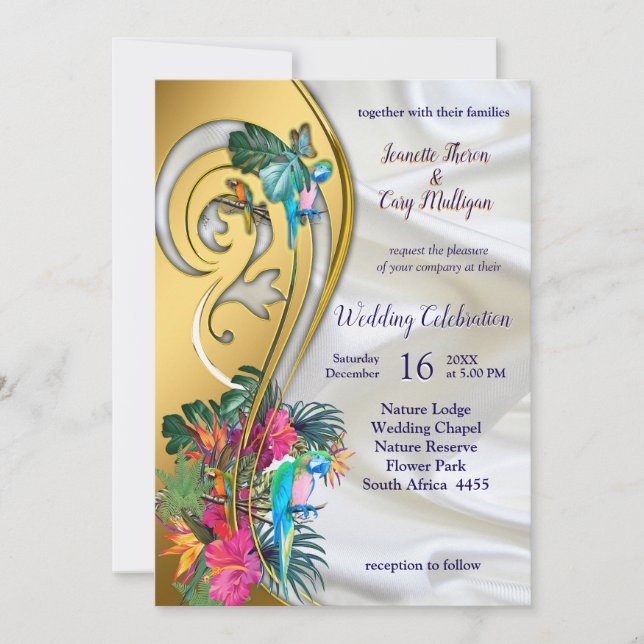 Gold on White Silk with Tropical Splendour Invitation (Front)