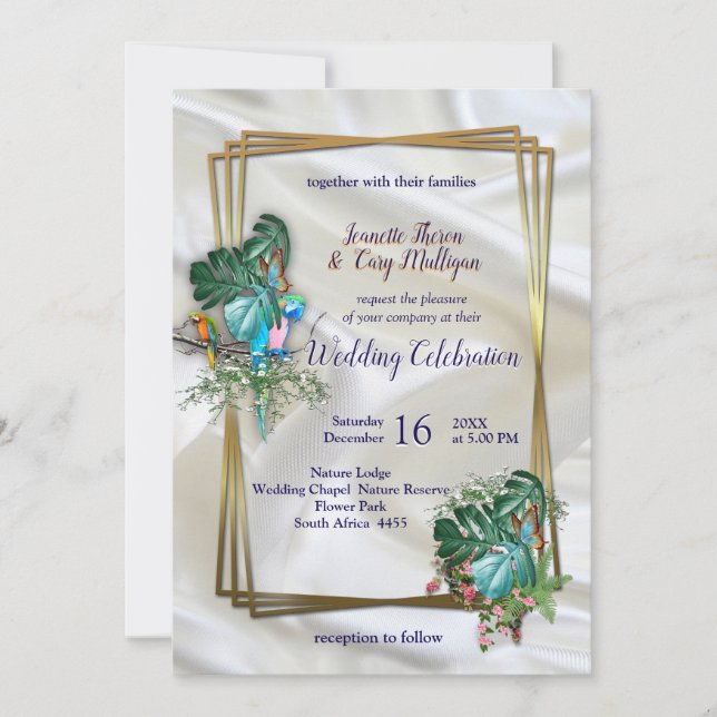 Gold on White Silk with Tropical Splendour Invitation (Front)