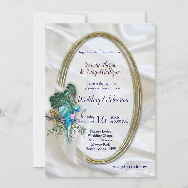 Gold on White Silk with Tropical Splendour Invitation (Front)