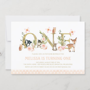 Gold One  Floral Woodland Animals 1st Birthday Invitation