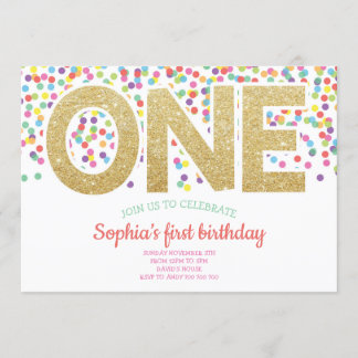 Gold One Rainbow Confetti Baby Girl 1st Birthday Invitation