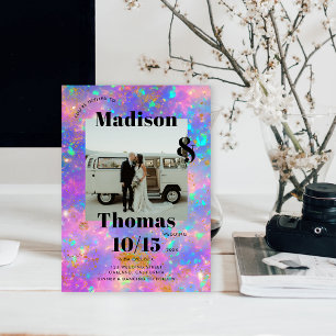 Gold Opal Stone 1 Photo Bold Minimalist Wedding Invitation