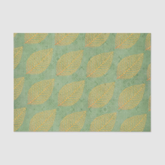 Gold Orange Fall Leaf Leaves on Green Decoupage Tissue Paper (Front)