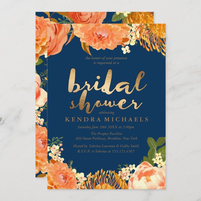 Gold & Orange floral Bridal Shower Invitation (Front/Back)