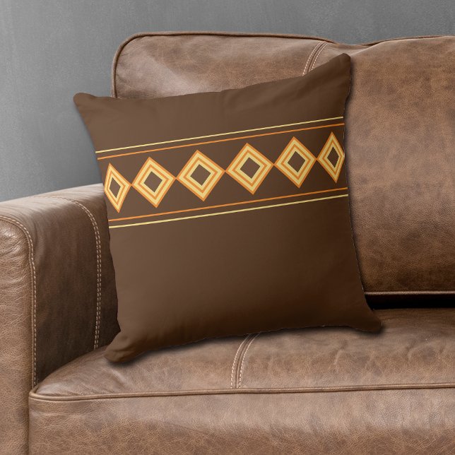 Gold Orange Geometric Diamond Border Brown  Throw  Cushion (Creator Uploaded)