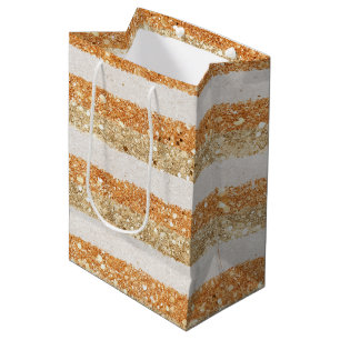 Gold Orange Glitter Cream Stripes Birthday Medium Gift Bag