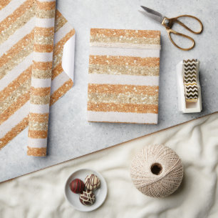 Gold Orange Glitter Cream Stripes Birthday Wrapping Paper