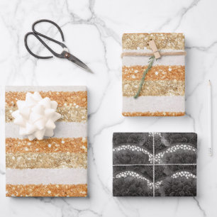 Gold Orange Glitter Stripes Black Floral Birthday Wrapping Paper Sheet