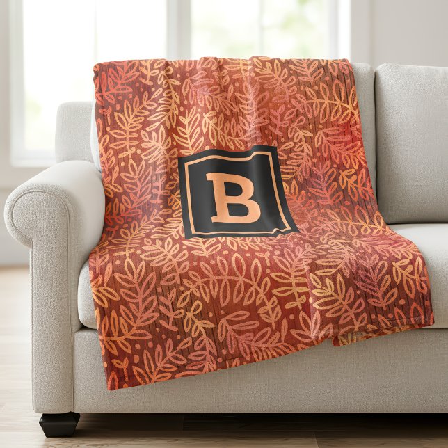 Gold orange leaf pattern foliage monogram modern fleece blanket (Creator Uploaded)