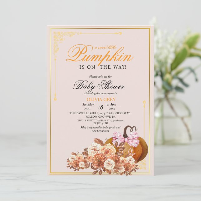 Gold Orange Pumpkin Floral Baby Shower  Invitation (Standing Front)