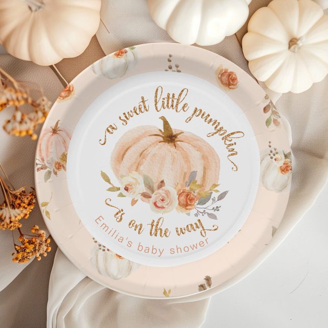 Gold orange Sweet little pumpkin baby shower Paper Plate (Creator Uploaded)