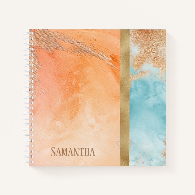Gold Orange Turquoise Watercolor Abstract Name Notebook (Front)