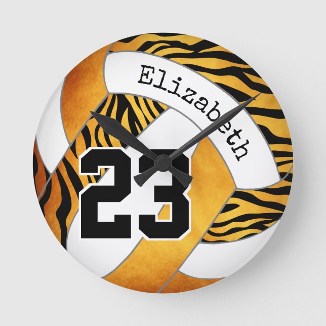 gold orange w zebra pattern custom volleyball round clock (Front)
