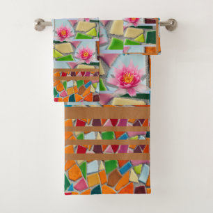 Gold Orange Water Lily w/ Mosaic Pattern Bath Towel Set
