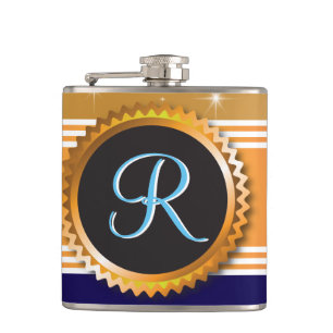 Gold Orb Stars Sapphire Blue Monogram Hip Flask