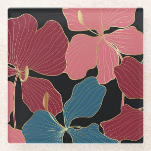Gold orchids, elegant floral line art. glass coaster