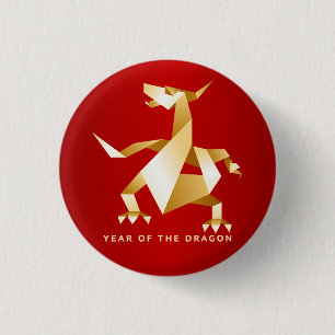 Gold Origami Year of the Dragon on Red 3 Cm Round Badge