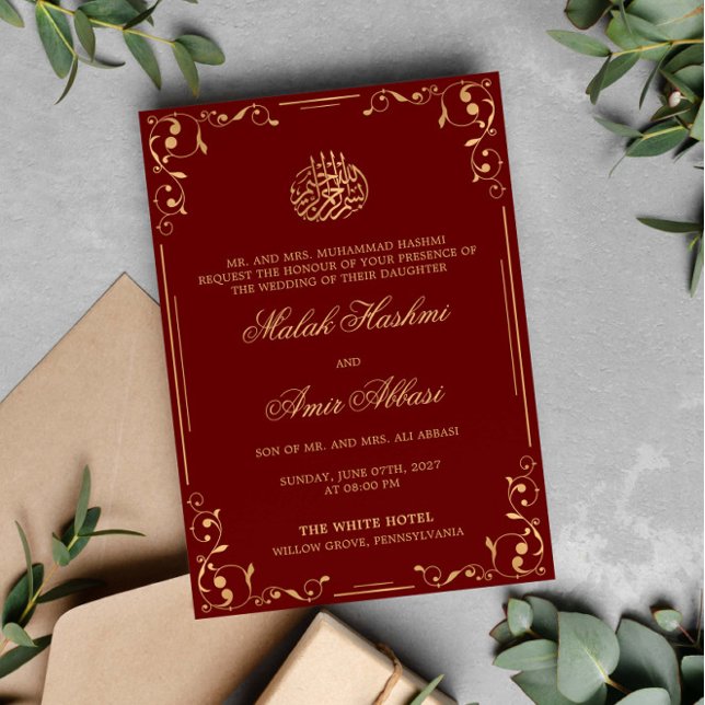 Gold Ornament Corner Red Islamic Muslim wedding Invitation (Creator Uploaded)