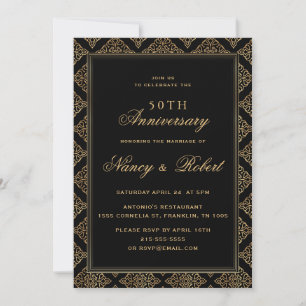 Gold Ornament Frame Black 50th Wedding Anniversary Invitation