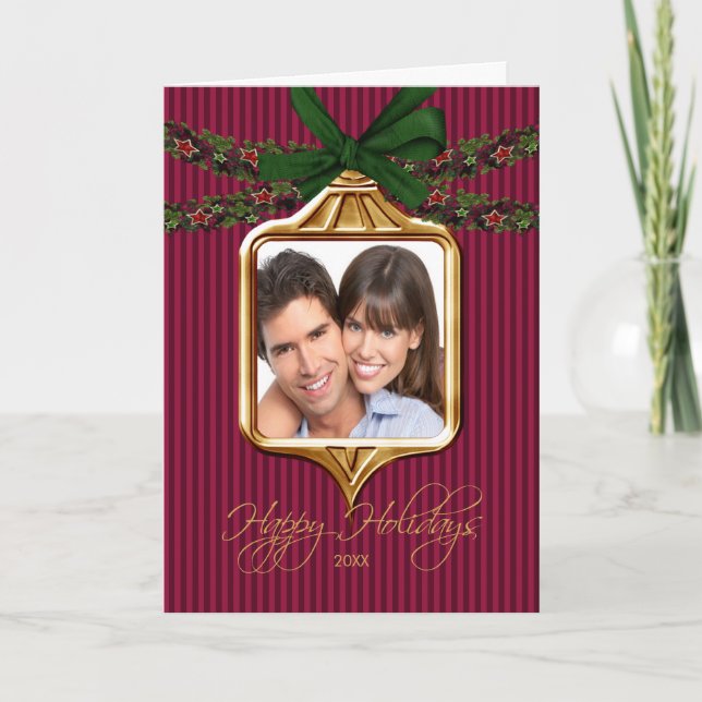 Gold Ornament Frame Photo Christmas Card (Front)