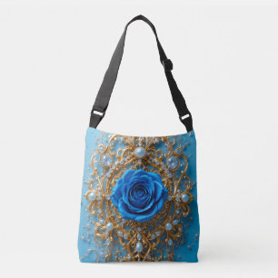 Gold Ornament with Blue Rose and Pearl Crossbody Bag