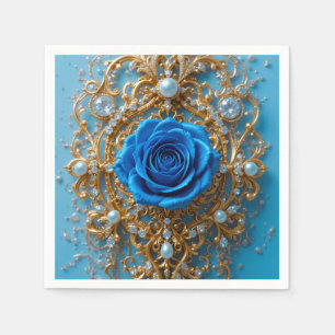 Gold Ornament with Blue Rose and Pearl Napkin