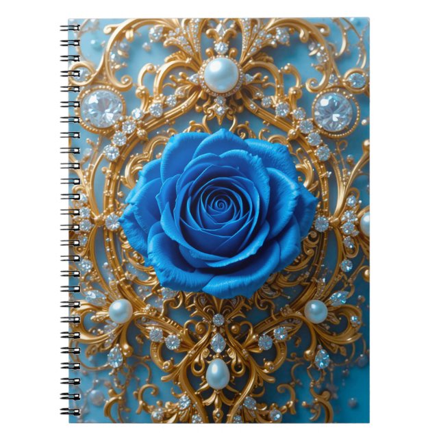 Gold Ornament with Blue Rose and Pearl Notebook (Front)