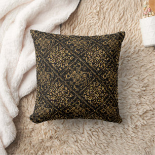 Gold Ornamental Baroque Pattern On Black Cushion