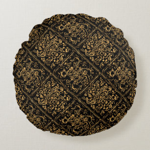 Gold Ornamental Baroque Pattern On Black Round Cushion