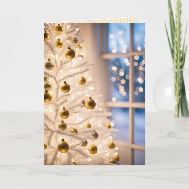 Gold Ornaments On A White Christmas Tree Holiday Card (Front)