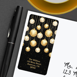 Gold Ornaments on Black Christmas Return Address Label
