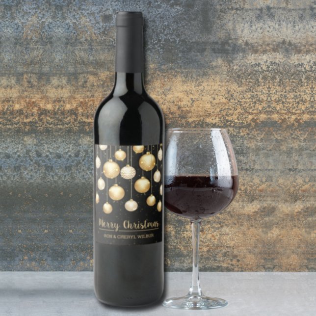 Gold Ornaments on Black Merry Christmas Wine Label (Creator Uploaded)