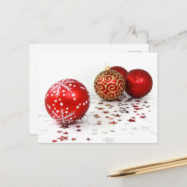 Gold Ornaments, Red Ornaments, Christmas, Glitter Holiday Postcard (Front/Back In Situ)