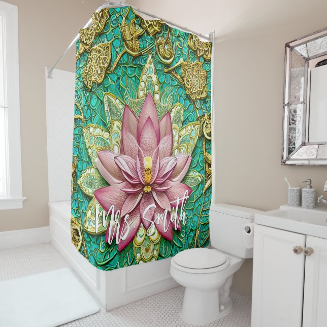 Gold Ornate and Pink Lotus with Personalised Name Shower Curtain (In Situ)