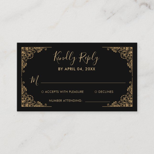 Gold Ornate Border Black Sweet 16 Birthday RSVP Enclosure Card (Front)