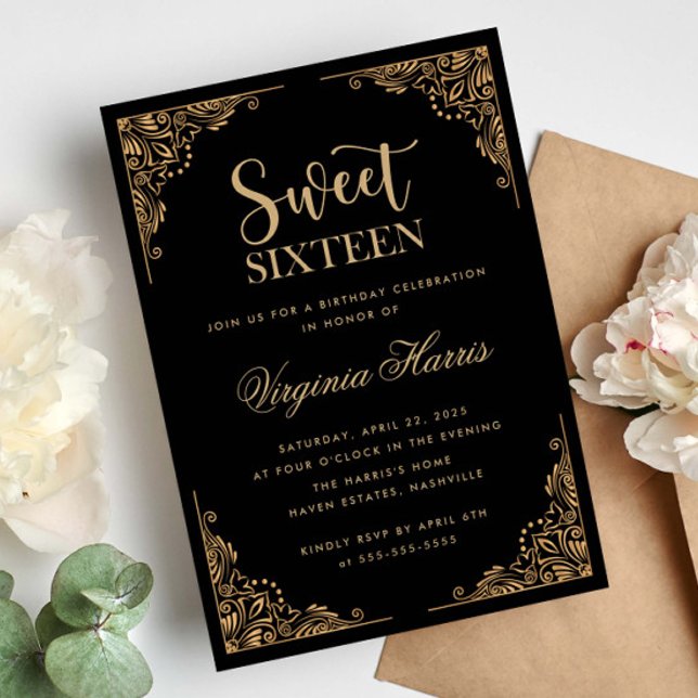 Gold Ornate Border Black Sweet Sixteen 16 Birthday Invitation (Creator Uploaded)