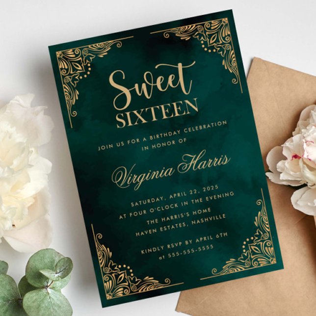 Gold Ornate Border Green Sweet Sixteen 16 Birthday Invitation (Creator Uploaded)