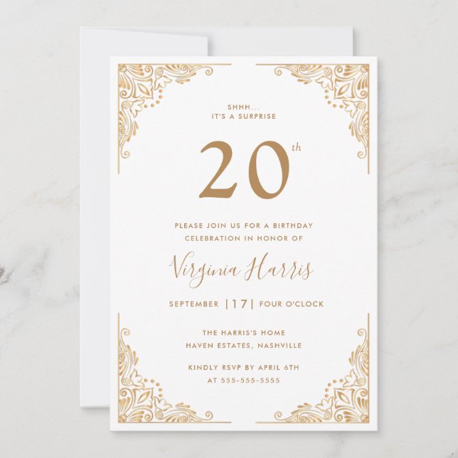 Gold Ornate Border White Twenty 20th Birthday Invitation (Front)