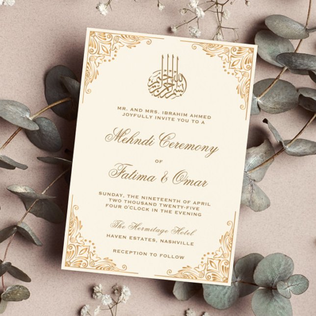 Gold Ornate Cream Islamic Muslim Mehndi Ceremony Invitation (Creator Uploaded)