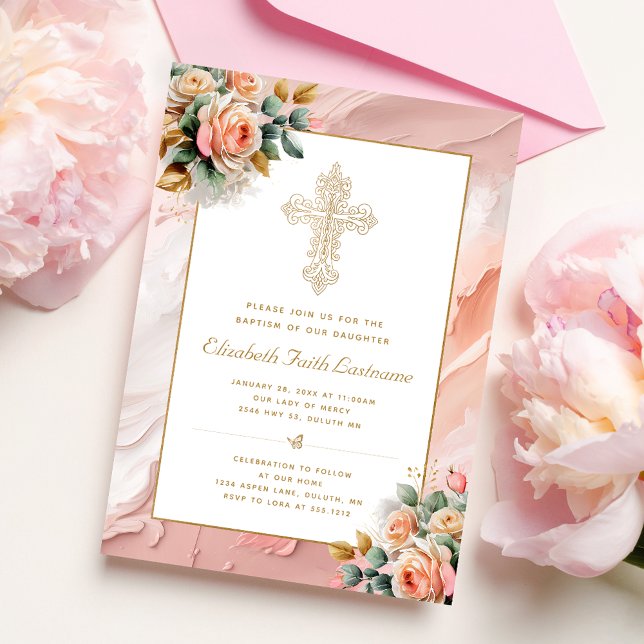Gold Ornate Cross Peach Pink Floral Girl Baptism Invitation (Creator Uploaded)